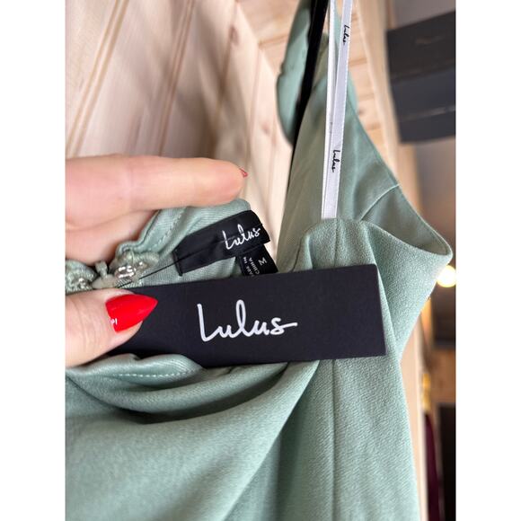 NWT Lulus Majestic Perfection Sage Green Ruffled Halter Maxi Dress Wedding Sz M - Picture 6 of 8